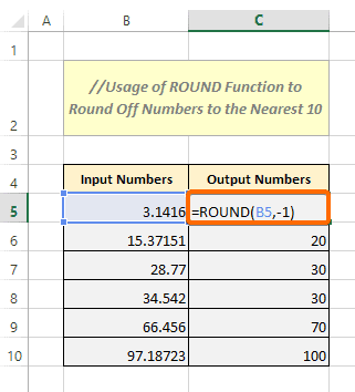 Round Off a Number to the Nearest 10 in Excel