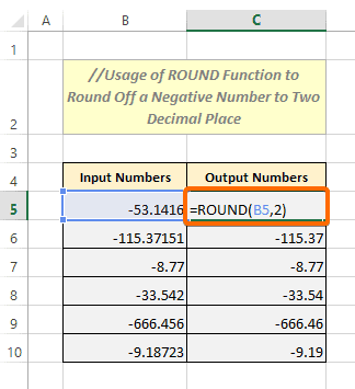 Round Off a Negative Number to Two Decimal Place in Excel