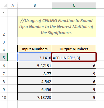 Usage of CEILING function to round off numbers in Excel
