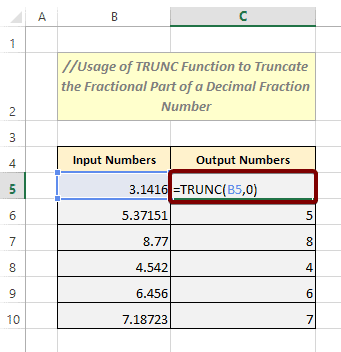 Usage of TRUNC Function to trim fractional part of decimal fraction numbers in Excel