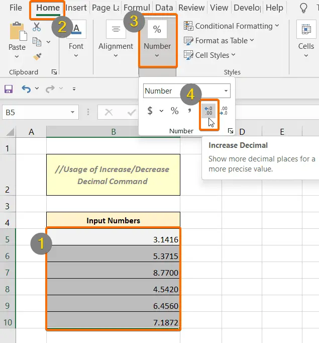 Usage of Increase Decimal Command to Round off Numbers in Excel