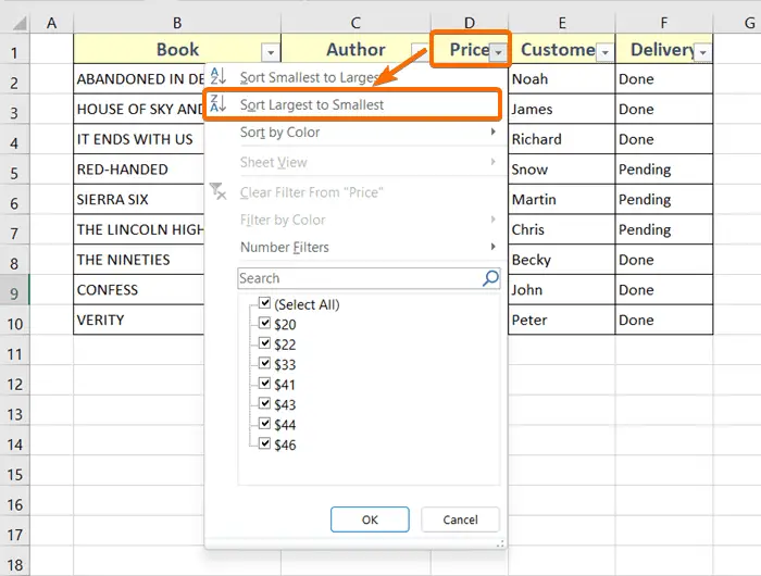 Usage of the Filter drop-down menu to sort multiple columns in Excel