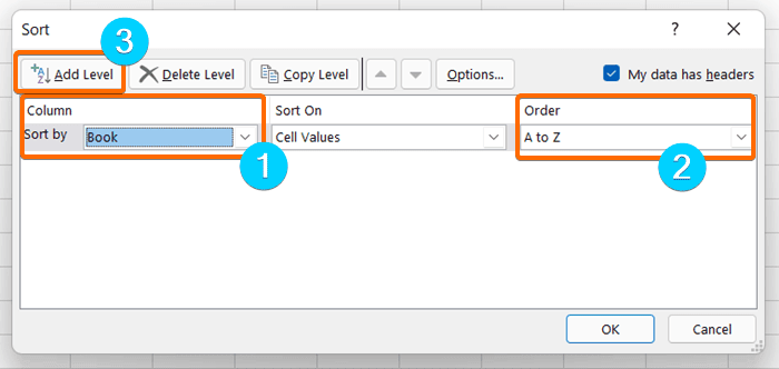Usage of the Sort dialog box to sort multiple columns in Excel