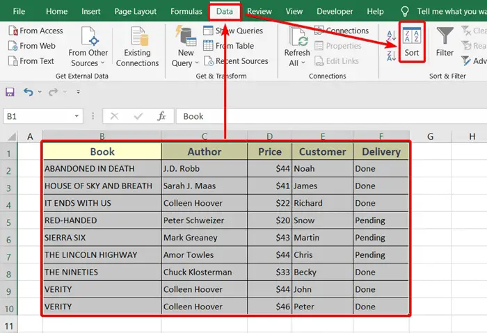 Usage of the Sort Command to Sort Multiple Columns in Excel