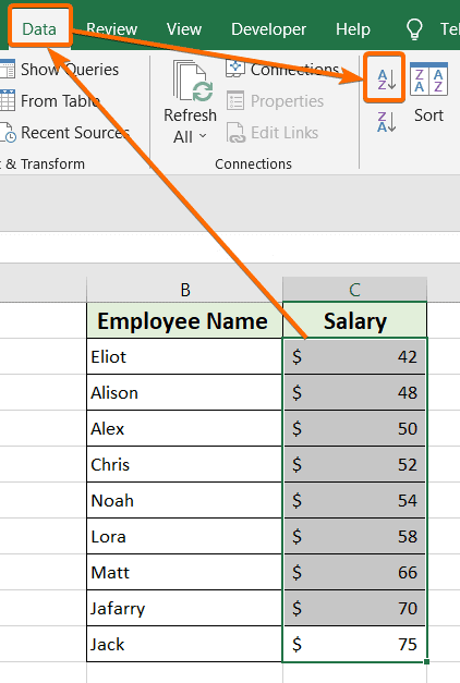 Click on the A to Z or Z to A icon to sort by number in Excel