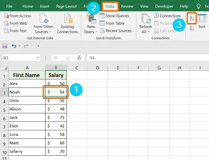 Use the A-Z or Z-A button to Sort by Numbers in Excel