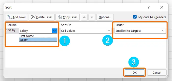 Usage of the sort dialog box to sort by number in Excel