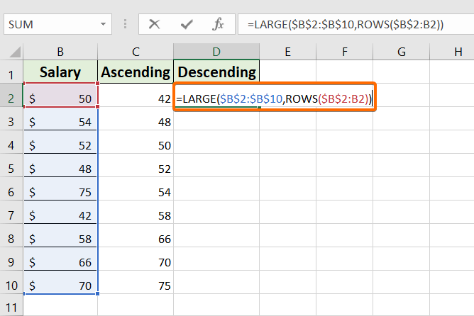 Usage of the LARGE function to sort by number in Excel