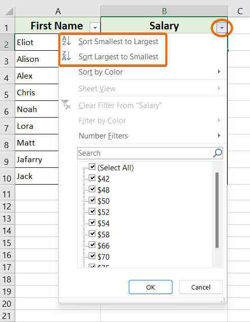 click on either the Sort Smallest to Largest option or the Sort Largest to Smallest option to sort by number in Excel