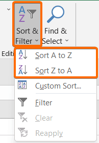 Use the Sort & Filter to Sort in Excel by Name Alphabetically