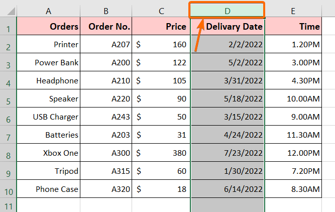 Select the column that is carrying the dates by clicking on it