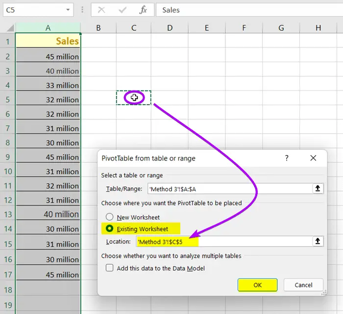 Pivot Table dialog box: Filter Duplicate Values in Excel