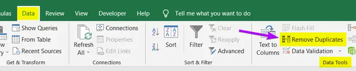 Usage of Romove Duplicates command to filter duplicates in Excel