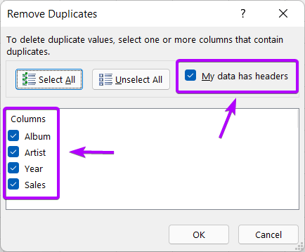 Remove duplicates dialog box: Filter Duplicate Values in Excel