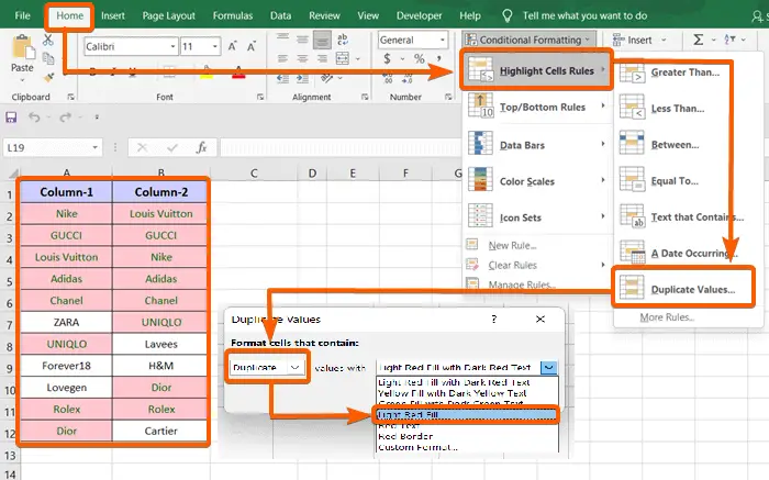Shortcut Method to Find Duplicates in Two Columns in Excel