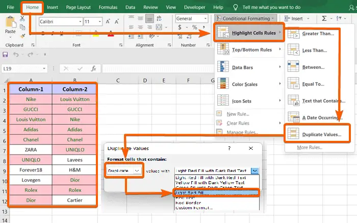 Excel How To Find Duplicates In Two Columns