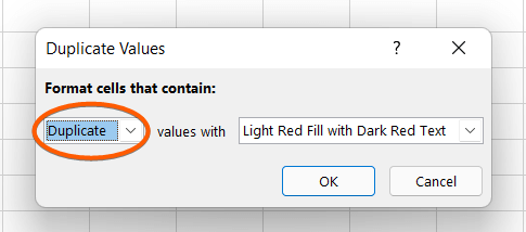 Duplicate Values dialog box: Use the ‘Duplicate Values’ Command to Find Duplicates in Excel