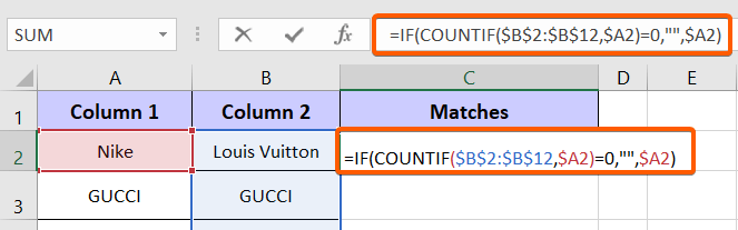 Usage of If function to Compare Two Lists and Return Differences in Excel