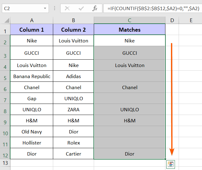 Output: Compare Two Lists and Return Differences in Excel