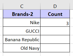 Returning the count of the brands name in Excel with COUNTIFS function