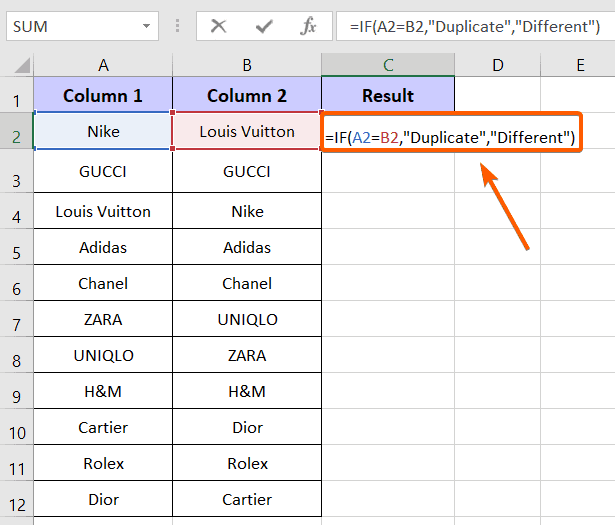 Use the IF Function to Find Duplicates in Two Columns in Excel