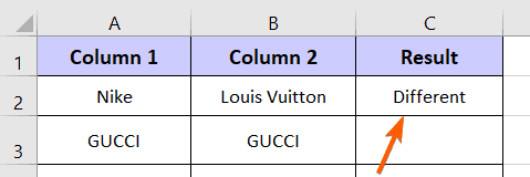 Returning "Different" after comparing two columns in Excel