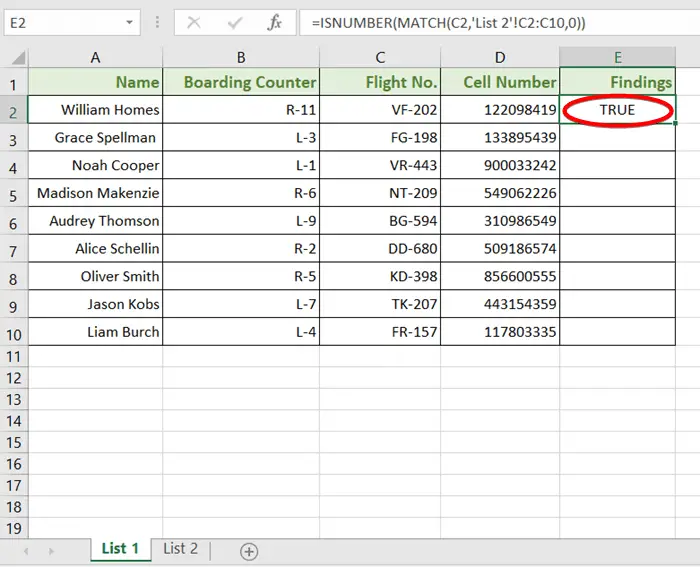 Showing TRUE in the column after finding matching values in Excel 