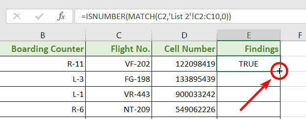 Using Fill Handle to drag the formula down with ISNUMBER & MATCH in Excel