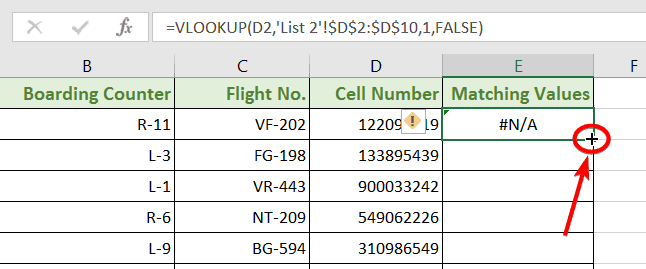 Using Fill Handle after finding matching values in 2 worksheets in Excel