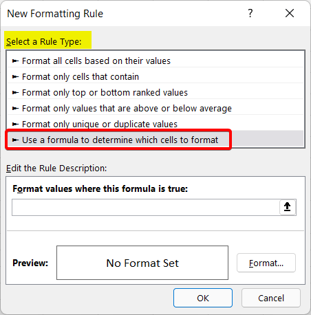 New Formatting Rule dialog box to find matching values in Excel