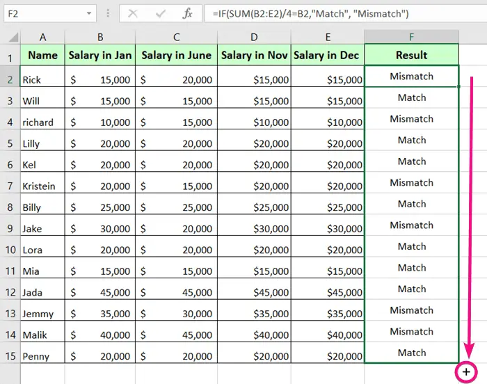 Result of Using the True/False Logical Formula to Compare Rows in Excel for Finding Duplicates