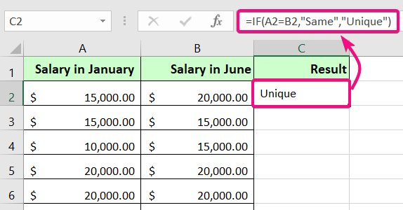 Showing Result of Using IF Function in a New Column to Compare Rows in Excel