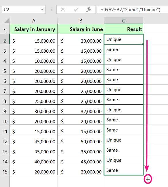 Output: Result in a New Column to Compare Rows in Excel for Duplicates