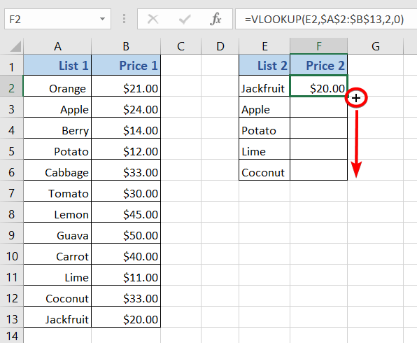 Use the VLOOKUP Function to Find Texts of Two Adjoining Columns in a Separate Column in Excel 