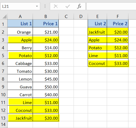 Result of the Use of the VLOOKUP Function to Find Texts of Two Adjoining Columns in a Separate Column in Excel 