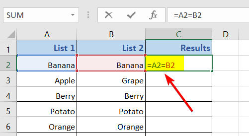 Apply - TRUE & FALSE Logical Formula to Find Similar Text in Two Columns in Excel