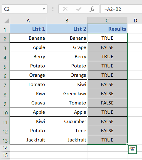 Output of the Use of the TRUE & FALSE Logical Formula to Find Similar Text in Two Columns in Excel