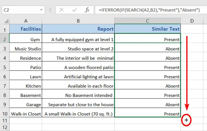 Result of the IFERROR & SEARCH Function to Find Similar Text in Two Columns in Excel