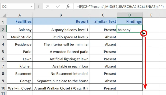 Using Fill Handle to drag down the formula with IF and MID in Excel