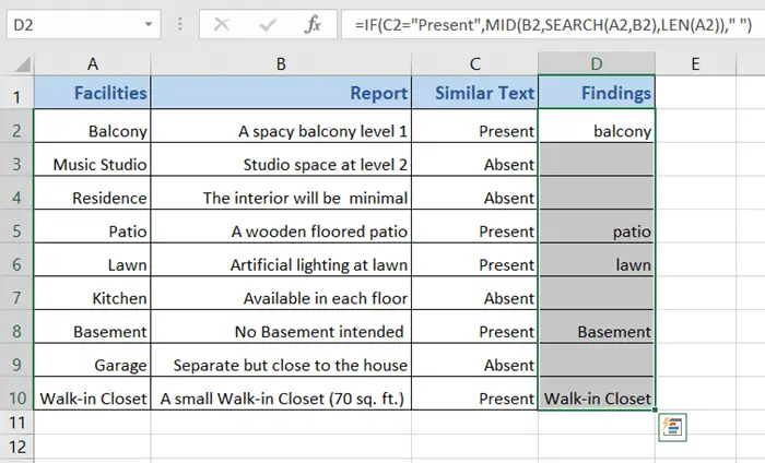 Outcome: IF, MID & SEARCH Function to Find Similar Text in Two Columns in Excel
