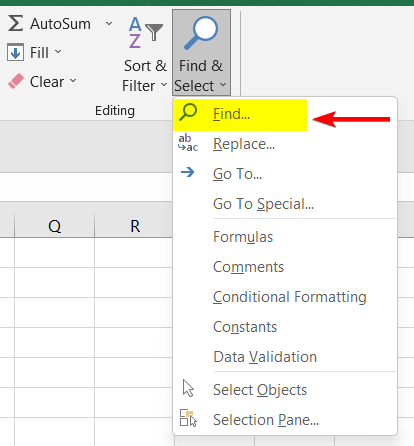 Accessing Find command from the Find & Select dropdown to find similar texts 