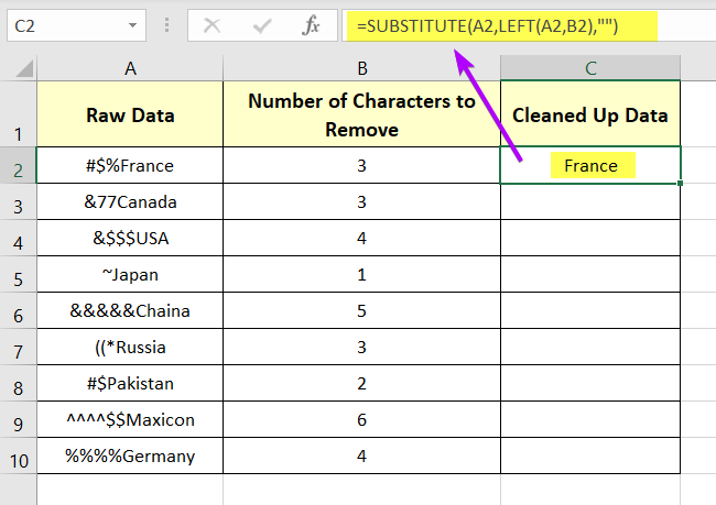 Applying the formula with SUBSTITUTE and LEFT function to remove non-printable characters