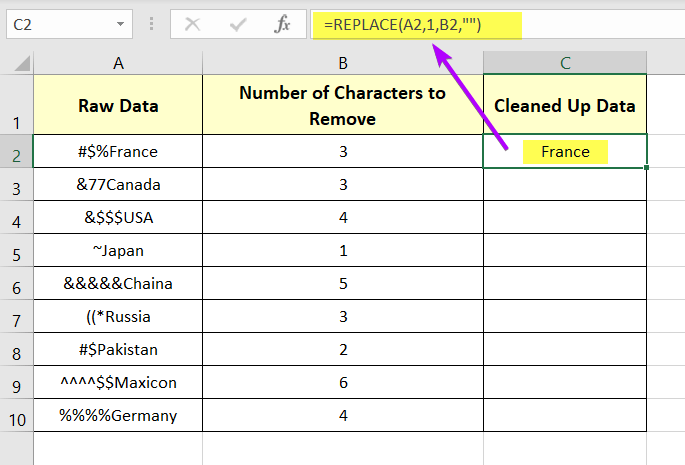 Showing the cell after applying the formula with REPLACE function