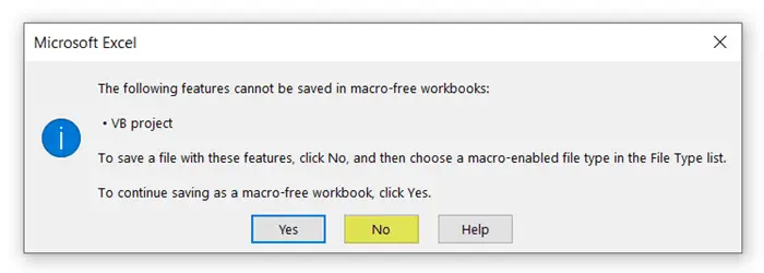 Microsoft Excel dialog box to save it in macro-free workbook or not