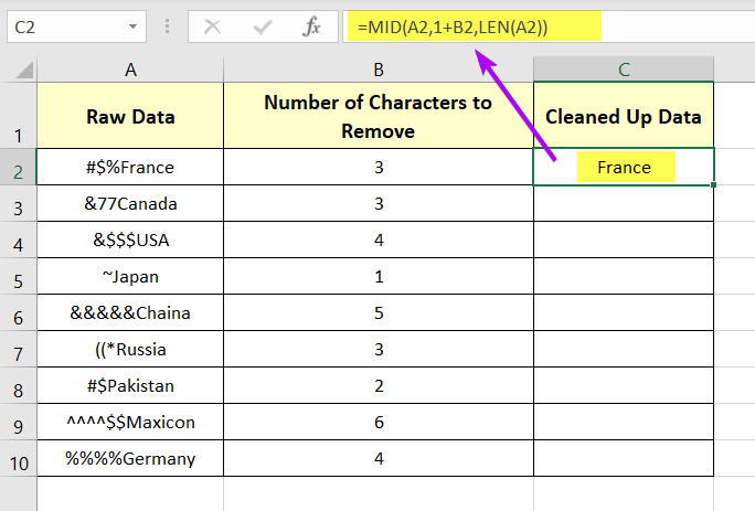 Applied formula with MID and LEN functions in a cell 