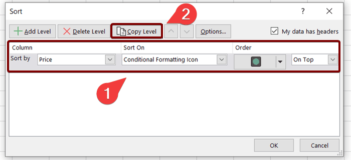Move on to the Sort On section and choose the Conditional Formatting Icon