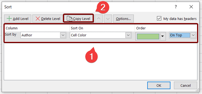 The Sort dialog box: Sort in Excel by cell color