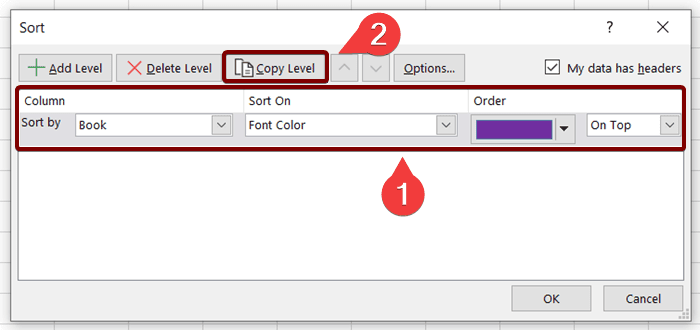 The Sort dialog box: Sort in Excel by font color