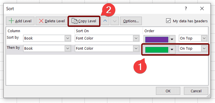Select another font color in the copied level and hit the Copy Level button again