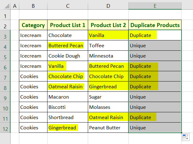 End Result: Vlookup in Two Columns and Identify Duplicate & Unique Values in Excel